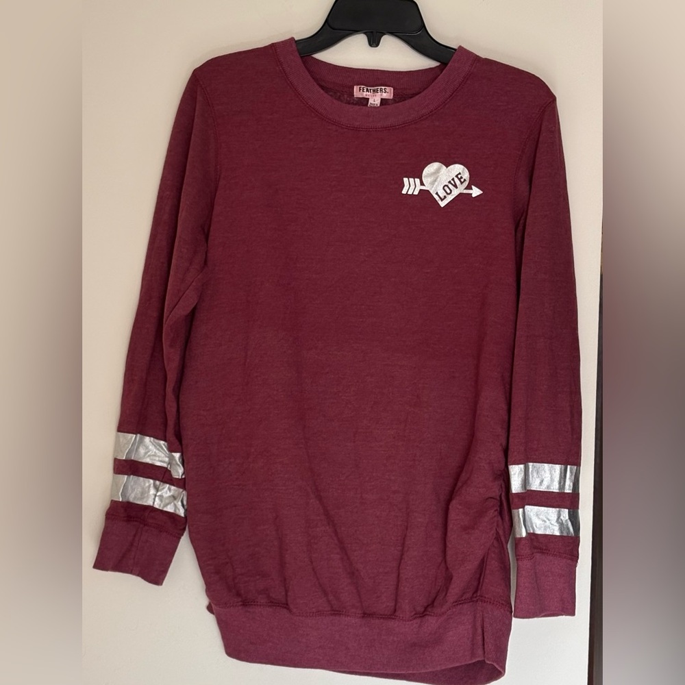 Feathers Maternity Burgundy Sweatshirt ‘Love’ Varsity-Style Stripes Side-Ruched